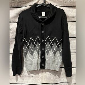 Gymboree Black Gray Argyle Knit Cardigan Sweater Shawl Neck Button Down L 10-12